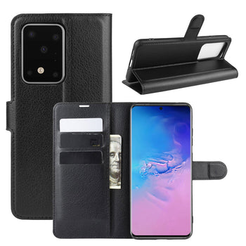 Wallet Case for Samsung | 6.9in Samsung Galaxy S20 Ultra G988 SM G988B 5G | Wallet/ Card/ Book Flip Style | Black Leather - GadgetSourceUSA