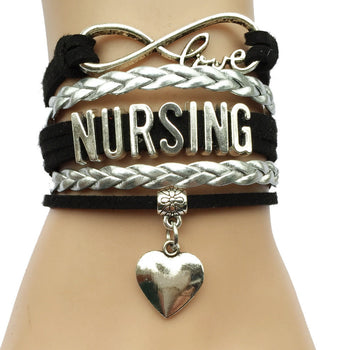 Infinity Love Nursing Bracelet- Career Job Business Team Gift- Heart Charm  Leather Velvet Handmade - GadgetSourceUSA
