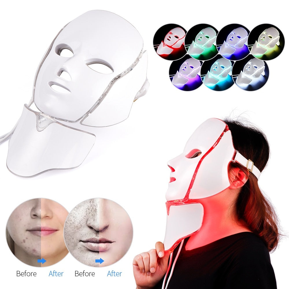 NEWEST 3/7 Colors Photon Electric LED Facial Mask with Neck Skin Rejuvenation Anti Acne Wrinkle Beauty Treatment Salon Home Use - GadgetSourceUSA