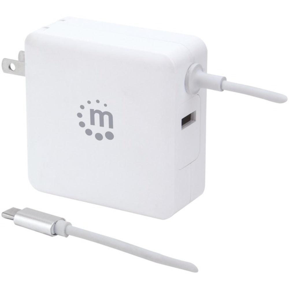 Manhattan 180245 60-Watt Power Delivery Wall Charger with Built-in USB-C Cable (White) - GadgetSourceUSA