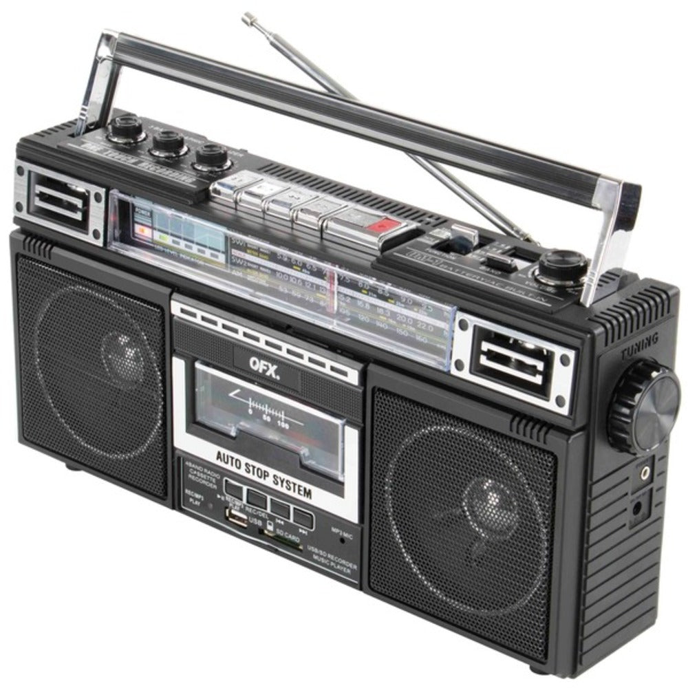 QFX J-220BT ReRun X Cassette Player Boombox with 4-Band Radio, MP3 Converter, and Bluetooth - GadgetSourceUSA