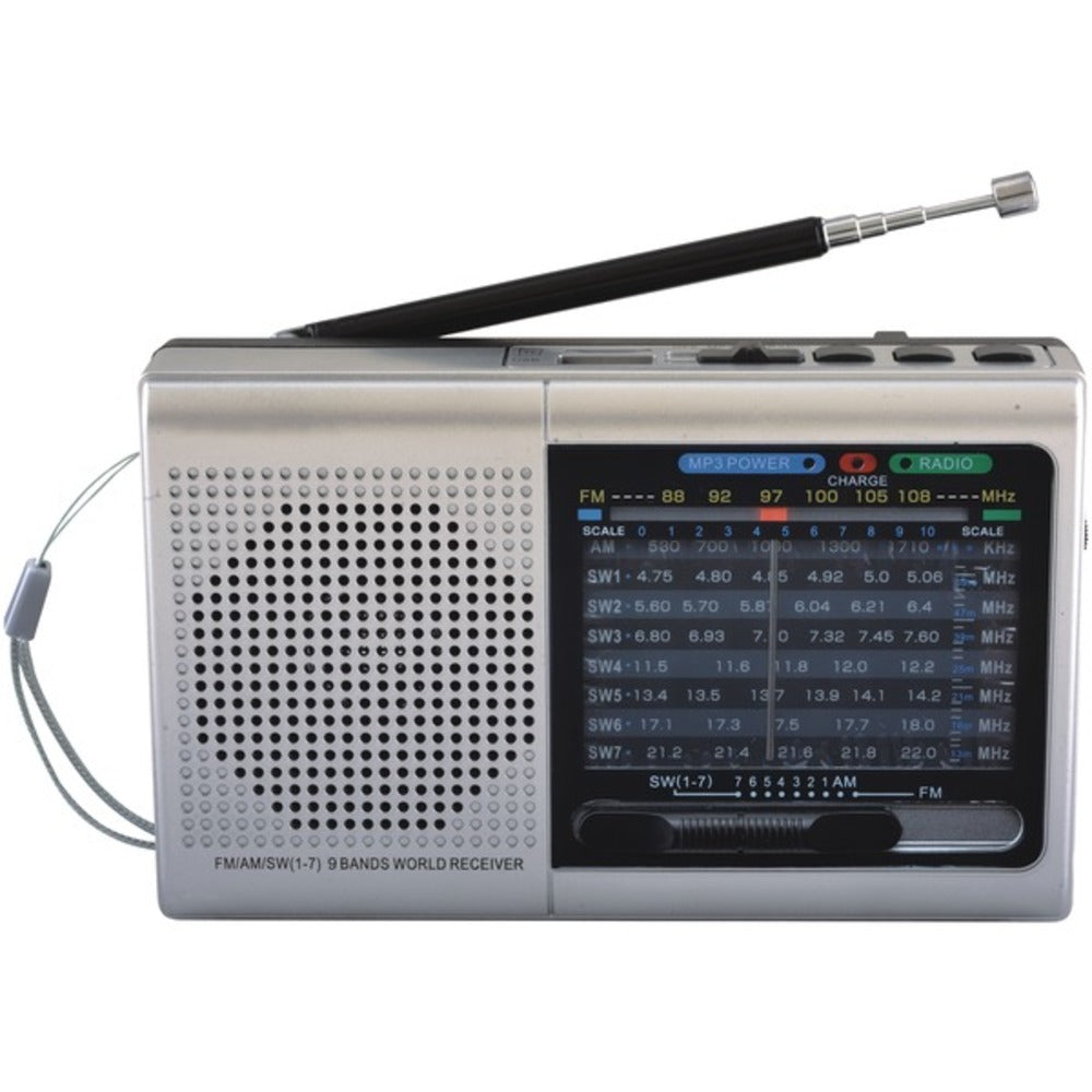 Supersonic SC-1080BT- SLV 9-Band Rechargeable Bluetooth Radio with USB/SD Card Input (Silver) - GadgetSourceUSA
