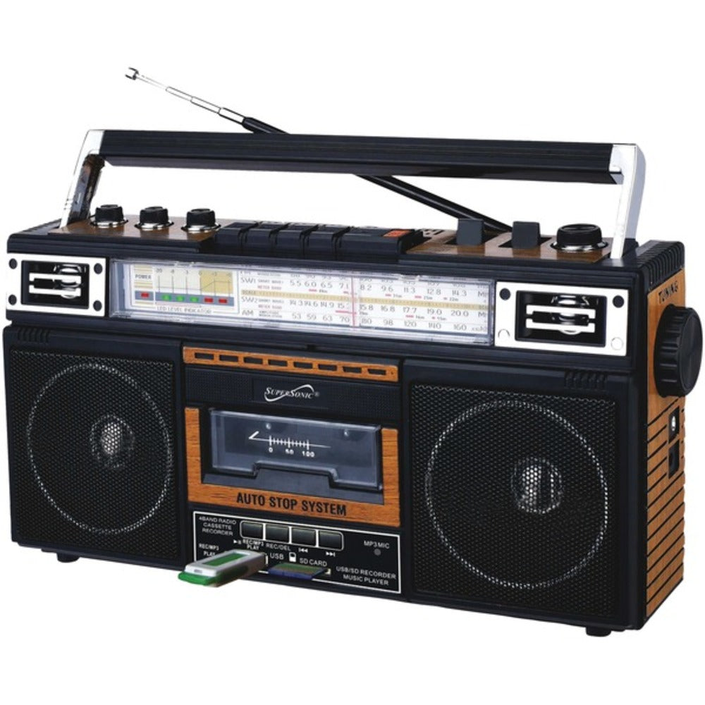 Supersonic SC-3201BT-WD Retro 4-Band Radio and Cassette Player with Bluetooth (Wood) - GadgetSourceUSA