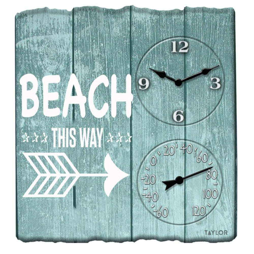Taylor Precision Products 92685T 14-Inch x 14-Inch Beach This Way Clock with Thermometer - GadgetSourceUSA