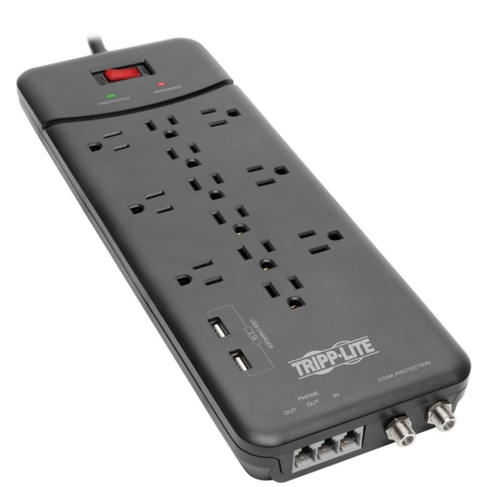 Tripp Lite TLP128TTUSBB Protect It! 12-Outlet Surge Protector with 2 USB Ports, 8ft Cord - GadgetSourceUSA