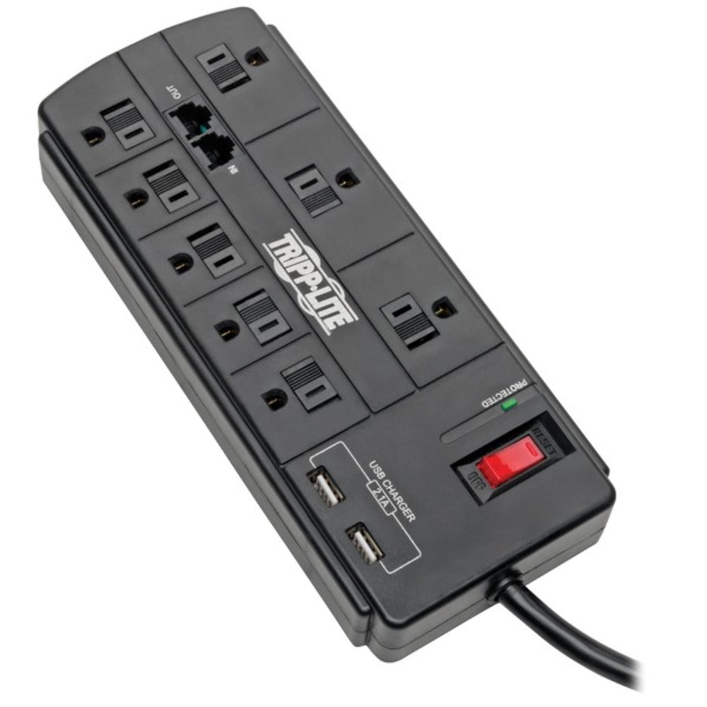 Tripp Lite TLP88TUSBB Protect It! 8-Outlet Surge Protector with 2 USB Ports, 8ft Cord (Telephone/Modem) - GadgetSourceUSA