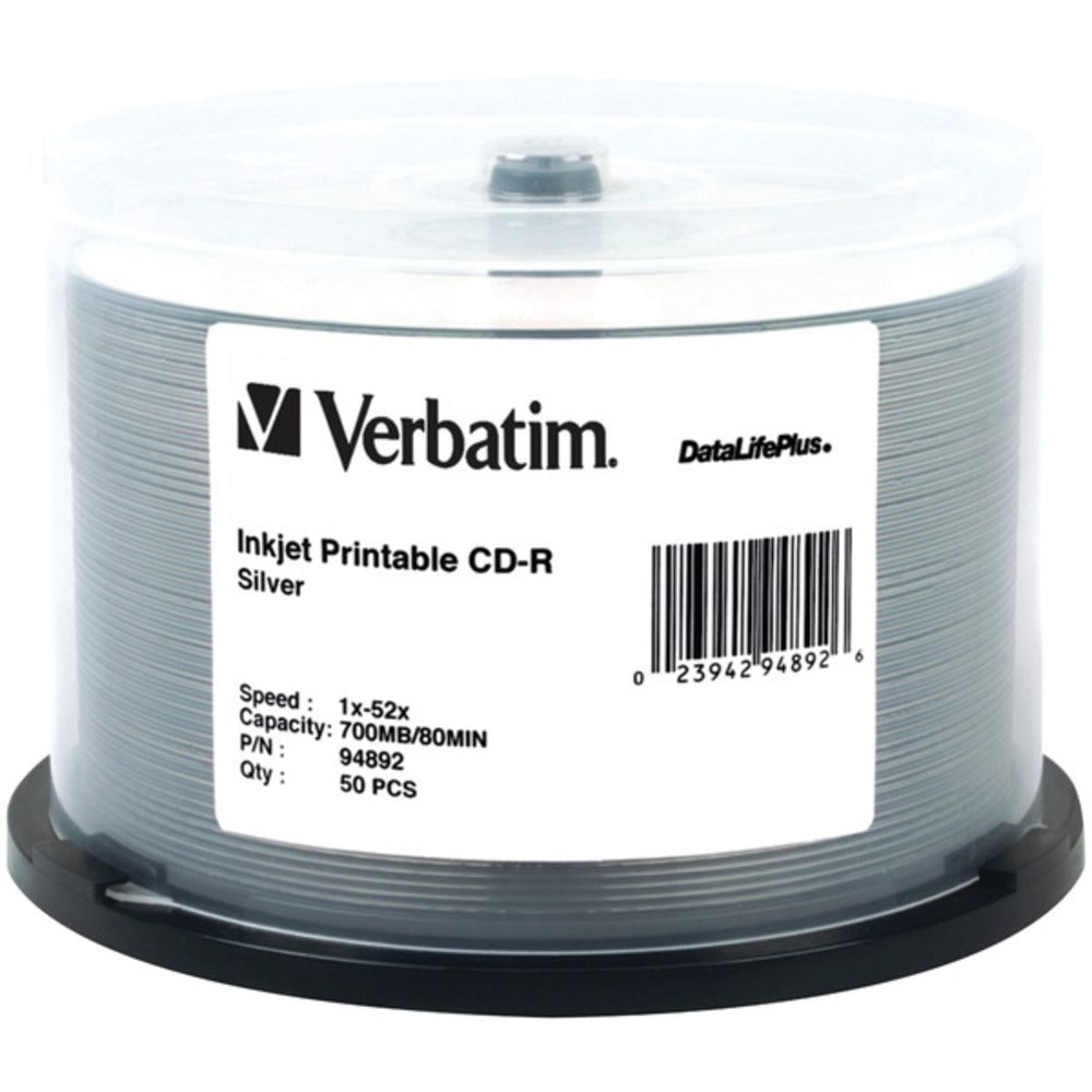 Verbatim 94892 80-Minute/700MB 52x DataLifePlus Silver Inkjet Printable CD-Rs, 50-ct Spindle - GadgetSourceUSA