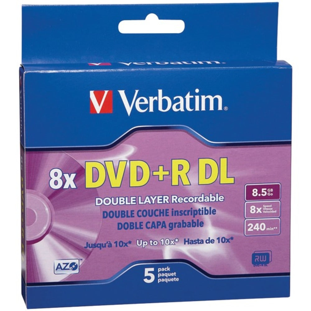 Verbatim 95311 8.5GB 8x Branded AZO DVD+R DLs, 5 pk with Slim Cases - GadgetSourceUSA
