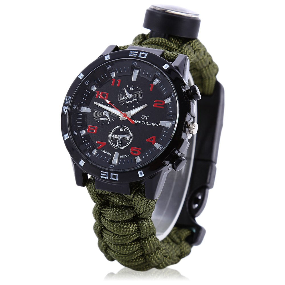 Multifunctional 6 in 1 Outdoor Survival Watch Bracelet with Compass Flint  Fire Starter Paracord Thermometer Whistle 4 Color
